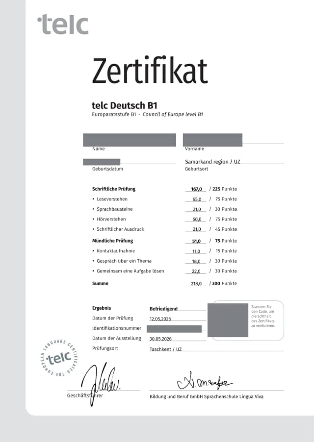 telc Deutsch B1 certificate — graded Befriedigend, personal details removed