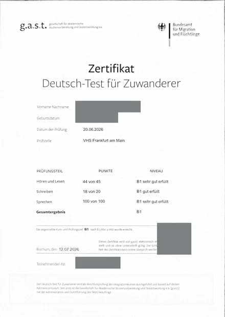 German B1 exam certificate (DTZ), personal details removed