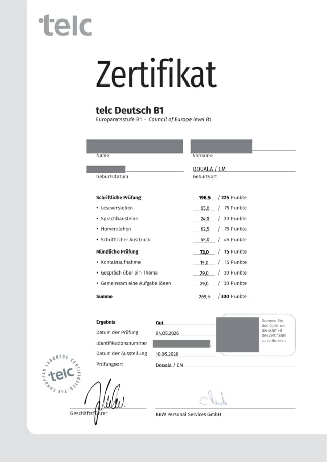 telc Deutsch B1 certificate — graded Gut, personal details removed