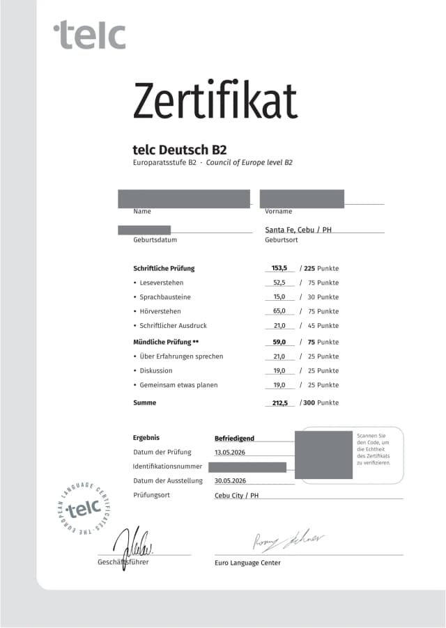 telc Deutsch B2 certificate — graded Befriedigend, personal details removed